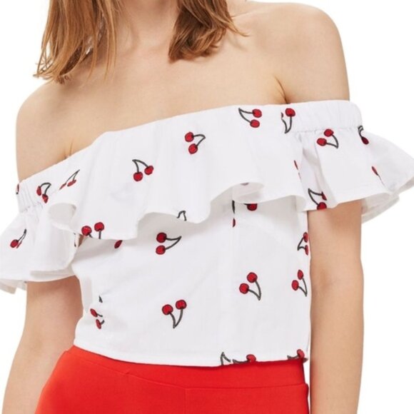 Topshop Cherry Off Shoulder Ruffled Casual Crop Top US 6 - Picture 2 of 9